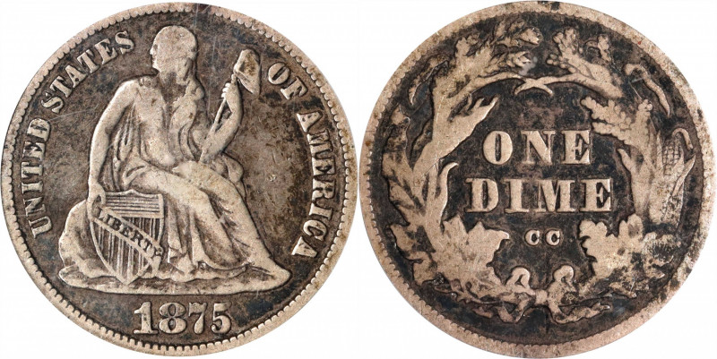 1875-CC Liberty Seated Dime. Mintmark Above Bow. Fine-15 (PCGS).
PCGS# 4673. NG...