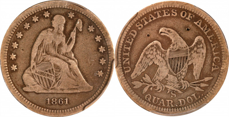 1861-S Liberty Seated Quarter. Briggs 2-B Die State. Fine Details--Damage (PCGS)...