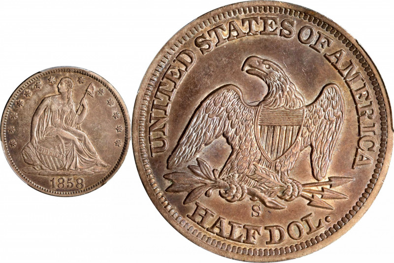 1858-S Liberty Seated Half Dollar. WB-12. Rarity-3. Misplaced Date, Medium S. EF...