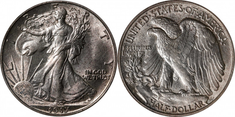 1917-D Walking Liberty Half Dollar. Reverse Mintmark. MS-63 (PCGS).
PCGS# 6571....