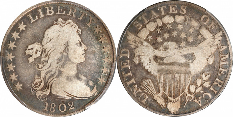 1802 Draped Bust Silver Dollar. BB-241, B-6. Rarity-1. Narrow Date. VG-8 (PCGS)....