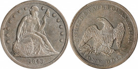 1843 Liberty Seated Silver Dollar. OC-1. Rarity-1. Repunched Date. AU-50 (PCGS).
PCGS# 6929. NGC ID: 24YD.