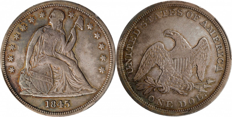 1845 Liberty Seated Silver Dollar. OC-1. Rarity-2. VF Details--Cleaned (PCGS).
...