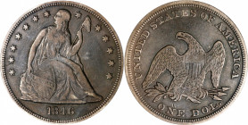 1846 Liberty Seated Silver Dollar. OC-1. Rarity-1. Repunched Date. Genuine--Surfaces Tooled (PCGS).
VF Details.
PCGS# 6932. NGC ID: 24YG.