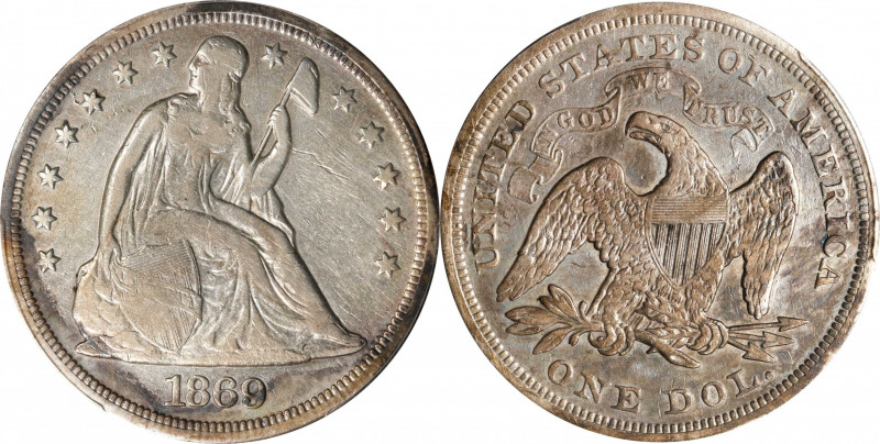 1869 Liberty Seated Silver Dollar. OC-2. Rarity-2. VF Details--Cleaning (PCGS)....