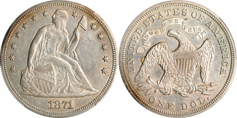 1871 Liberty Seated Silver Dollar. OC-11. Top 30 Variety. Rarity-3+. Misplaced D...