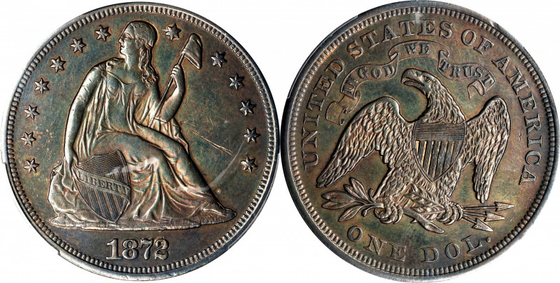 1872 Liberty Seated Silver Dollar. OC-3. Rarity-1. Misplaced Date, Doubled Die R...