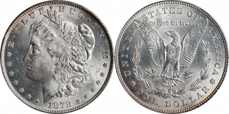 1878 Morgan Silver Dollar. 7 Tailfeathers. Reverse of 1878. MS-63 (PCGS).
PCGS#...