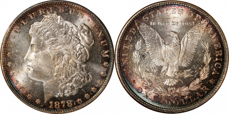 1878 Morgan Silver Dollar. 7 Tailfeathers. Reverse of 1879. MS-63 PL (NGC). OH....