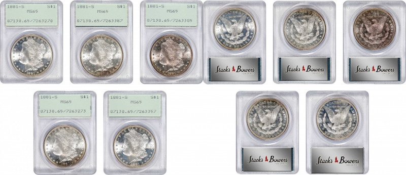 Lot of (5) 1881-S Morgan Silver Dollars. MS-65 (PCGS). OGH--First Generation.
P...