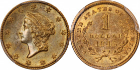 1849 Gold Dollar. Open Wreath, No L. Small Head. MS-61 (PCGS).
PCGS# 7501. NGC ID: 25B7.
From the Steven Jay Ball Collection.