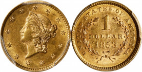 1853 Gold Dollar. AU-58 (PCGS).
PCGS# 7521. NGC ID: 25BU.
From the Gurian Collection of Liberty Head Gold.