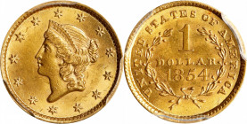 1854 Gold Dollar. Type I. MS-63 (PCGS).
PCGS# 7525. NGC ID: 25BY.
From the Pennell Collection.