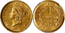 1854 Gold Dollar. Type I. AU-55 (PCGS).
PCGS# 7525. NGC ID: 25BY.
From the Gurian Collection of Liberty Head Gold.