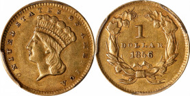 1856 Gold Dollar. Upright 5. AU-55 (PCGS).
PCGS# 7541. NGC ID: 25CA.