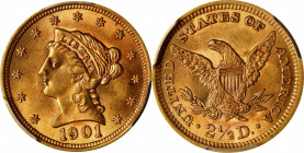 1901 Liberty Head Quarter Eagle. MS-62 (PCGS).
PCGS# 7853. NGC ID: 25LS.
From the Gurian Collection of Liberty Head Gold.