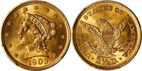 1903 Liberty Head Quarter Eagle. MS-65 (PCGS).
PCGS# 7855. NGC ID: 25LU.
From the Gurian Collection of Liberty Head Gold.