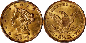 1906 Liberty Head Quarter Eagle. MS-62 (PCGS). CAC.
PCGS# 7858. NGC ID: 25LX.
From the Gurian Collection of Liberty Head Gold.