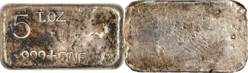 Undated Silver Ingot. 5 Troy Ounces. 999+ Fine.
40 mm x 23.5 mm x 20.5 mm, trap...