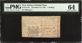 NJ-152. New Jersey. December 31, 1763. 1 Shilling. PMG Choice Uncirculated 64.
No. 5887, Plate C. PMG comments "Minor Stain."
Estimate: $250.00- $35...
