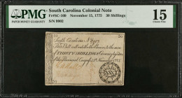 SC-109. South Carolina. November 15, 1775. 30 Shillings. PMG Choice Fine 15.
No. 9902. Emblem at lower right with &ldquo;XXX" surrounded by olive spr...