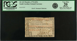 SC-123. South Carolina. March 6, 1776. 2 Pounds/5 Shillings. PCGS Currency Very Fine 20 Apparent. Splits, Tears, Damage, and Repairs; Pieces Replaced....