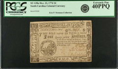 SC-138a. South Carolina. December 23, 1776. $4. PCGS Currency Extremely Fine 40 PPQ.
No. 2068. Four signatures. Fully signed and issued. Printed on t...