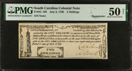 SC-199. South Carolina. July 6, 1789. 2 Shillings. PMG About Uncirculated 50 Net. Repaired.
Unnumbered. Signed by Wareham and Beach. Remainder. Light...