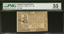VA-119. Virginia. May 5, 1777. $8. PMG About Uncirculated 55.
No. 1905. This note has been signed by Robert Scot, who was the Chief Engraver of the U...