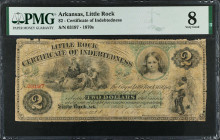 Little Rock, Arkansas. Certificate of Indebtedness. 1870s $2. PMG Very Good 8.
(Rothert 424-4) Feb. 20, 1873. Imprint of American Bank Note Co. Print...