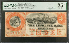 Lawrence, Kansas. Lawrence Bank. 1858-60s $3. PMG Very Fine 25 Net. Repaired, Backed. Remainder.
(KS-40 G6a) Plate A. Remainder Imprint of American B...