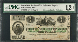Louisiana. Parish of St. John the Baptist. March 25th, 1862 $1. PMG Fine 12 Net. Splits, Internal Holes.
Plate R. No imprint. Agriculture is seen at ...