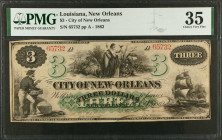 New Orleans, Louisiana. City of New Orleans. 1862 $3. PMG Choice Very Fine 35.
Plate A. Oct. 24, 1862. Two large POCs. Imprint of the American Bank N...