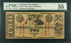 New Orleans, Louisiana. The Louisiana State Bank. 1861 $2. PMG About Uncirculated 55.
(LA-80 G4a) Plate A. Imprint of Rawdon, Wright, Hatch & Edson, ...