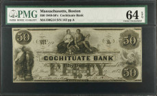 Boston, Massachusetts. Cochituate Bank. 1849-50's $50. PMG Choice Uncirculated 64 EPQ.
(MA-130 G14) Plate A. Nov. 12, 1853. Imprint of Rawdon, Wright...