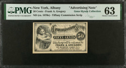 Albany, New York. Frank A. Gregory. ND (ca. 1870s) 50 Cents. PMG Choice Uncirculated 63. Advertising Note.
Commission scrip. Not dated (ca. 1873-74)....
