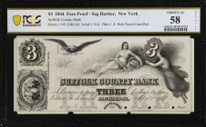 Sag Harbor, New York. Suffolk County Bank. 1844 $3. PCGS Banknote Choice About Uncirculated 58 Details. Edge Damage, Edge Tear. Face Proof.
(NY-2480 ...