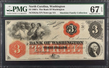 Washington, North Carolina. The Bank of Washington. 1860s $3. PMG Superb Gem Uncirculated 67 EPQ. Remainder.
(NC-85 4a) Plate AA. Remainder. American...