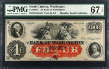 Washington, North Carolina. Bank of Washington. 1860s $4. PMG Superb Gem Uncirculated 67 EPQ. Remainder.
(NC-85 G8a) Plate AA. Remainder. American Ba...