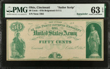Cincinnati, Ohio., 47th Regiment O.V.I. 1862 50 Cents. PMG Choice Uncirculated 63 EPQ. Sutler Scrip. Remainder.
Keller OH-SF050. Uniface. Printed on ...