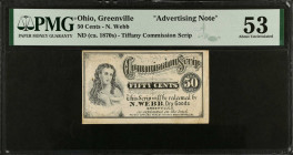 Greenville, Ohio. N. Webb. ND (ca. 1870s) 50 Cents. PMG About Uncirculated 53. Advertising Note.
Keller OH-SF050. Uniface. Printed on bond paper. Lit...
