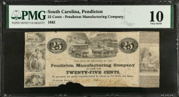 Pendleton, South Carolina. Pendleton Manufacturing Company. 1862 25 Cents. PMG Very Good 10.
(Sheheen 1051) Nov. 6, 1862. Imprint of Manly & Orr, Pri...