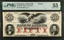 Clarksville, Tennessee. Bank of America. 1850s $50. PMG About Uncirculated 55. Proof.
(TN-15 UNL Design 50A). Plate A. Four POCs. Imprint of Bald, Co...