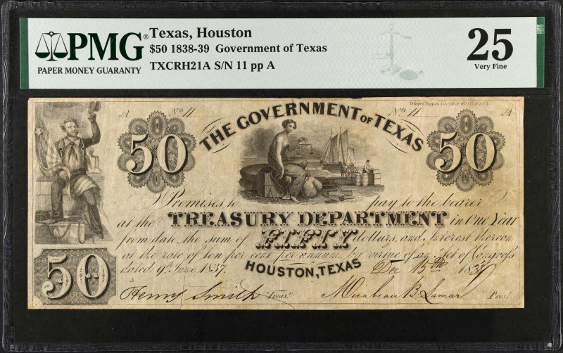 Houston, Texas. Government of Texas. 1838-39 $50. PMG Very Fine 25.
(TXCRH21A)....