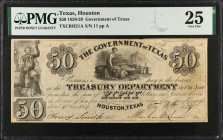 Houston, Texas. Government of Texas. 1838-39 $50. PMG Very Fine 25.
(TXCRH21A). Plate A. Low Serial Number 11. Imprint of Draper, Toppan, Longacre & ...