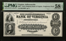 Jeffersonville, Virginia. Trans-Alleghany Bank of Virginia. 18xx $100. PMG Choice About Uncirculated 58 EPQ. Proprietary Proof.
(VA-110 G10) Plate A....