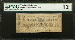 Richmond, Virginia. Home Savings Bank. 1861 25 Cents. PMG Fine 12.
(JL BR35-15) Sept. 25, 1861. No imprint. Printed on white paper. Dog and safe betw...