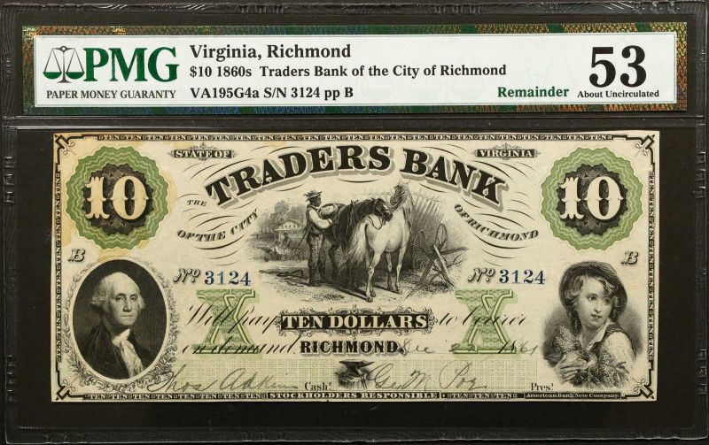 Richmond, Virginia. Traders Bank of the City of Richmond. 1860's $10. PMG About ...