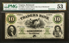 Richmond, Virginia. Traders Bank of the City of Richmond. 1860's $10. PMG About Uncirculated 53. Remainder.
(VA 195-G4a). Imprint of the American Ban...