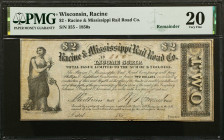 Racine, Wisconsin. Racine & Mississippi Rail Road Co. 1850s $2. PMG Very Fine 20. Remainder.
Krause WI-686 SC 8. Ca. 1850s. Lithograph of Ed. Mendel,...